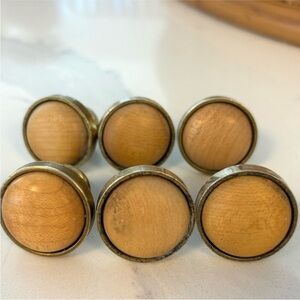 SET of SIX brass and wood drawer knobs pulls round handles brass wood inset knob